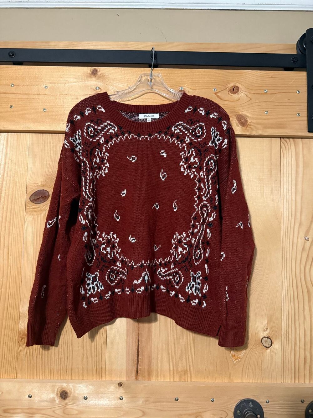 Madewell Knit Sweater Size M Maroon Burgundy Bandana Patterned Long Sleeve Crew